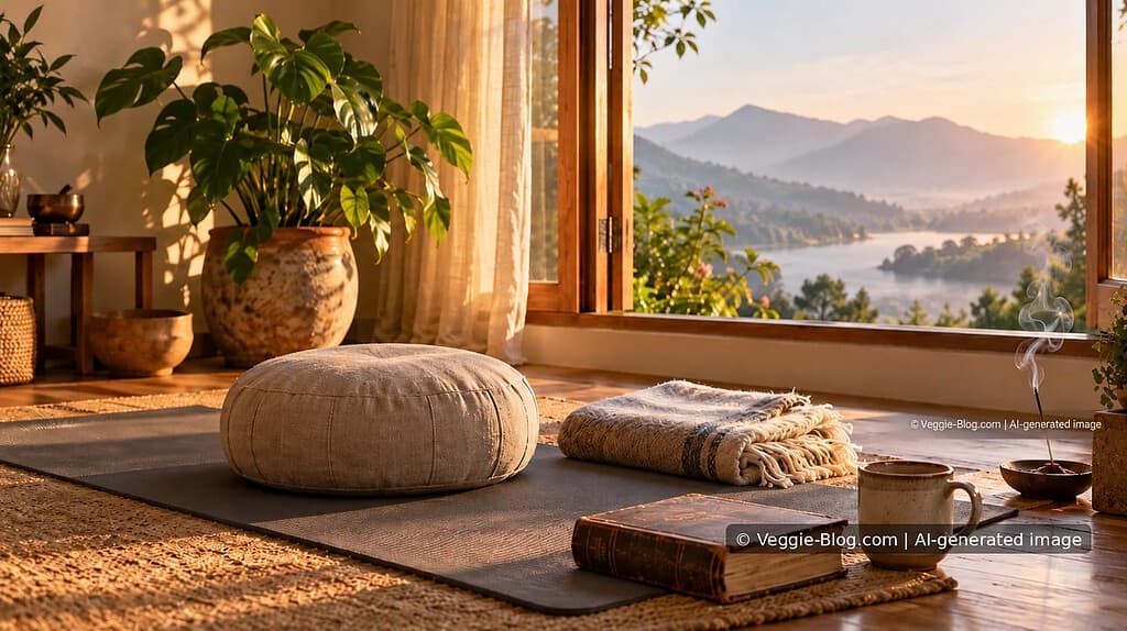 Sunlit yoga and meditation area with a cushion, reading book and landscape view.
