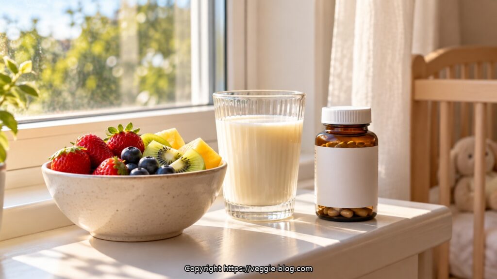 Fresh fruit bowl, glass of milk, and supplement bottle on table by window.