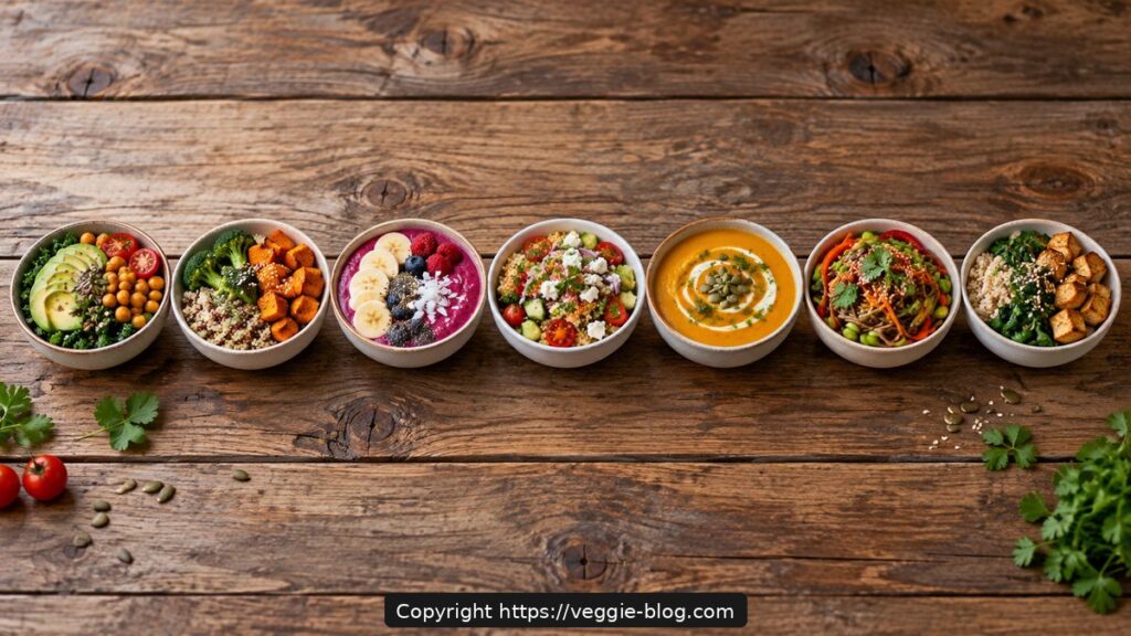 Variety of vegan soups and salads in bowls on rustic wooden table.