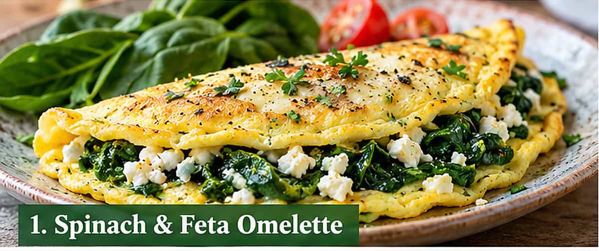 Spinach and feta veggie omelette with wilted greens on a plate