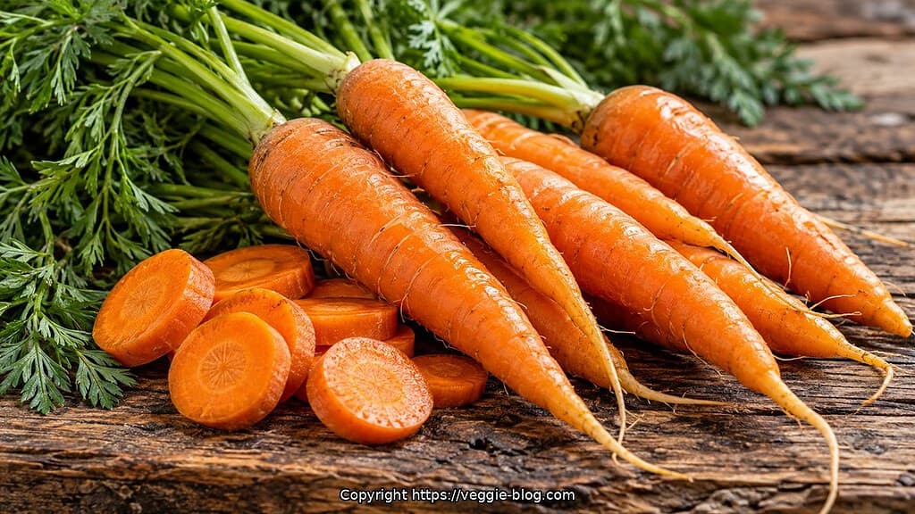 Fresh organic carrots with green tops on rustic wooden surface.