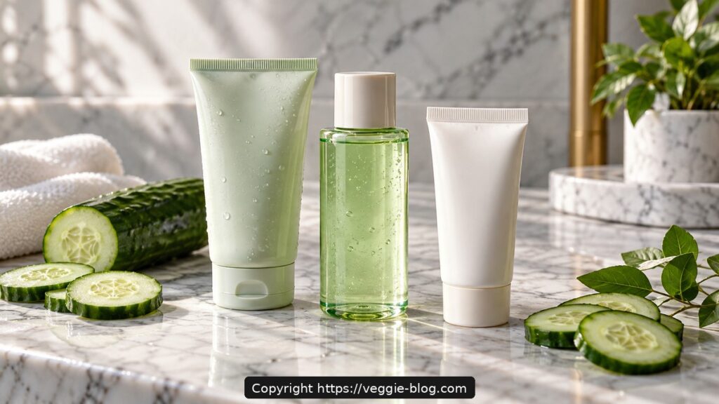 Cucumber skincare products with fresh cucumber slices on marble surface.