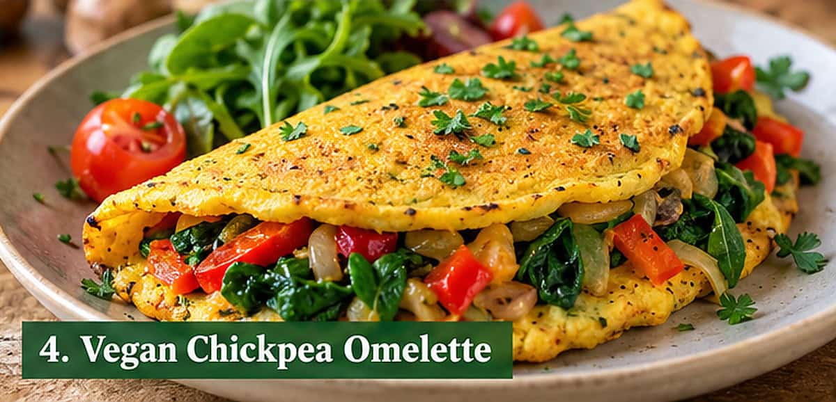 Vegan chickpea flour omelette filled with spinach, mushrooms and peppers