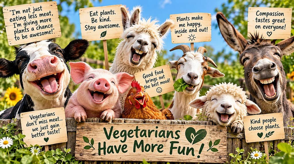 Cheerful cartoon farm animals laughing beside vegetarian humor signs in a sunny field