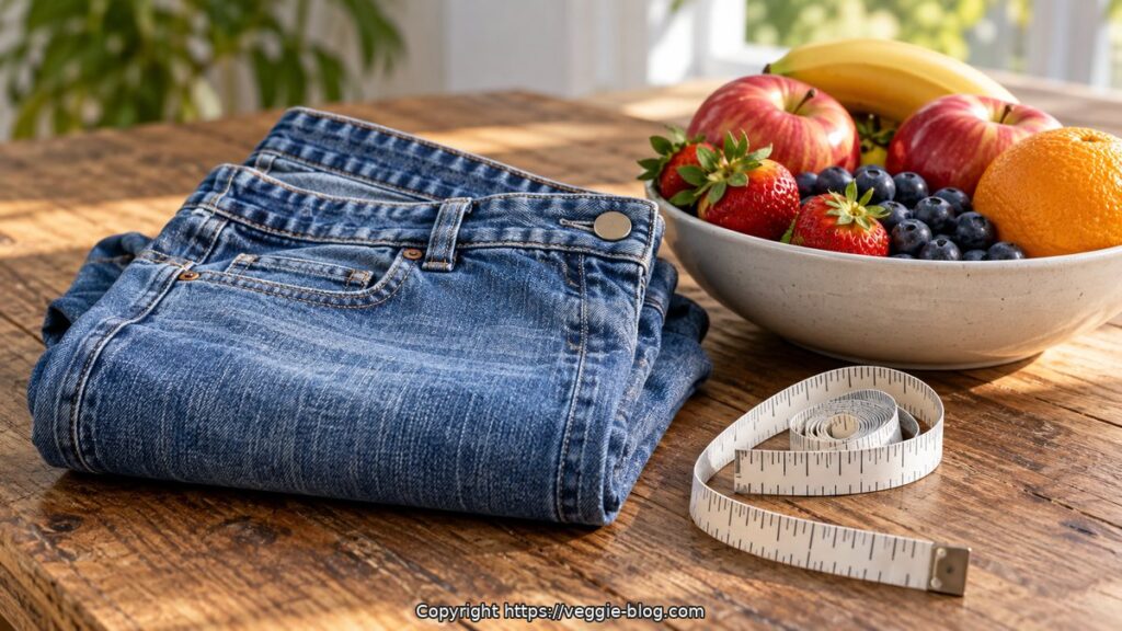 Fresh fruits and jeans on a wooden table for healthy living.