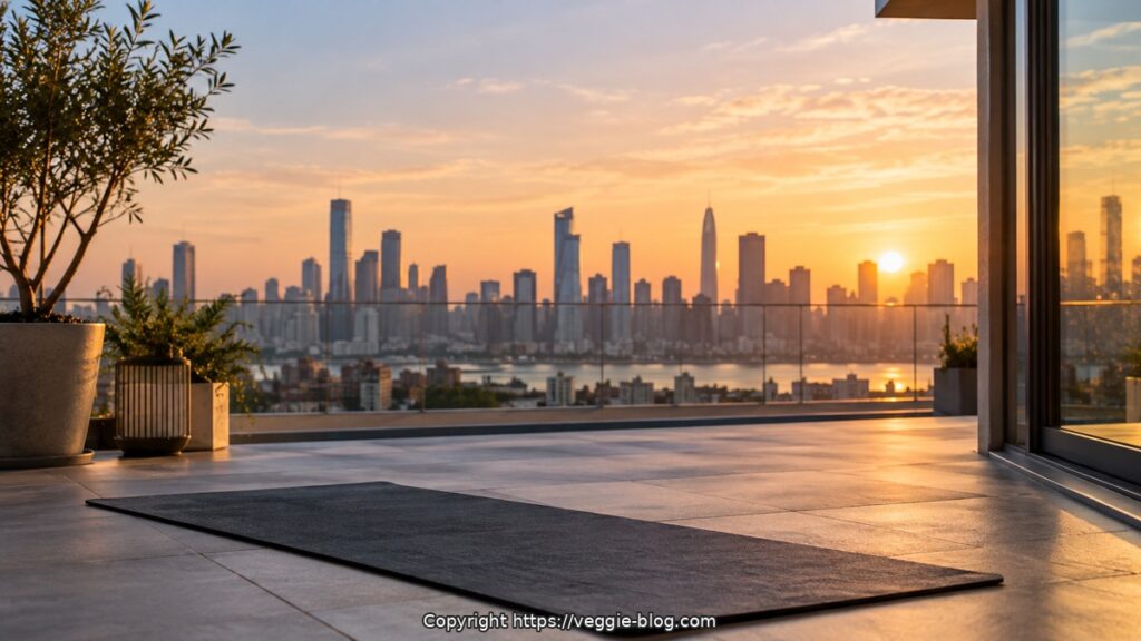 City skyline at sunset viewed from a rooftop with potted plants and a mat.
