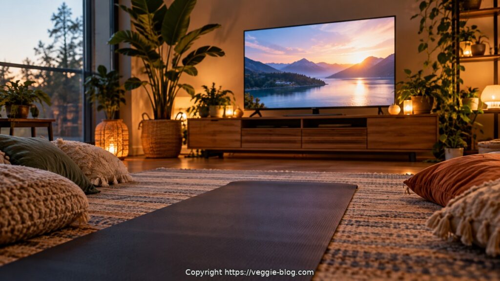 Modern living room with a large TV, plants, and warm lighting for a cozy atmosphere.