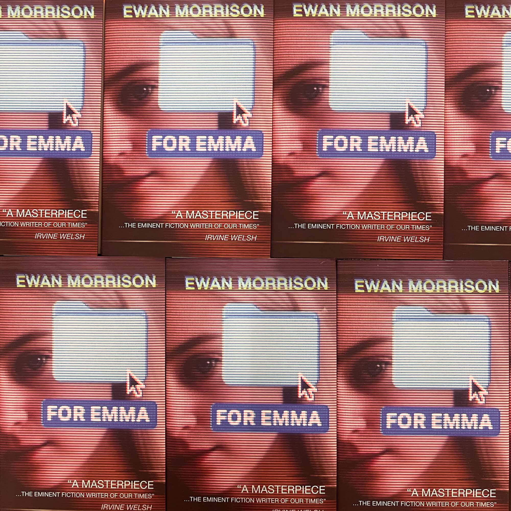 Close-up of a poster for Ewan Morrison's book 'For Emma' with a woman's face and a speech bubble graphic.