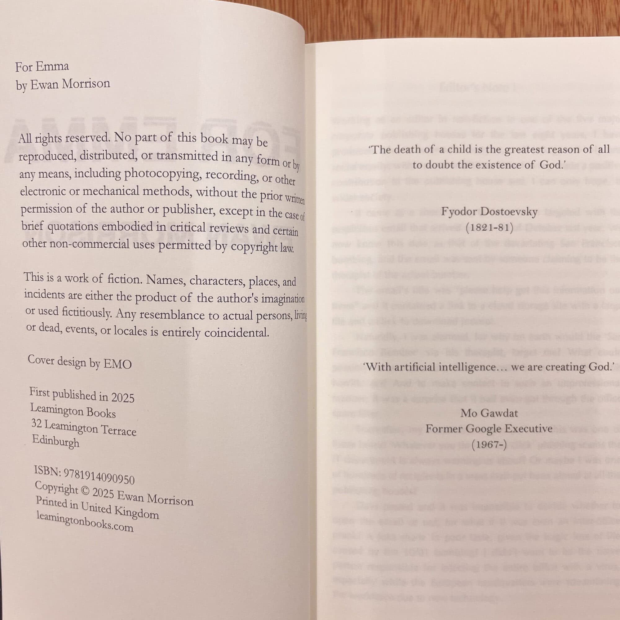 Cover of 'For Emma' by Ewan Morrison, featuring a clean, minimal design with author details and copyright information.