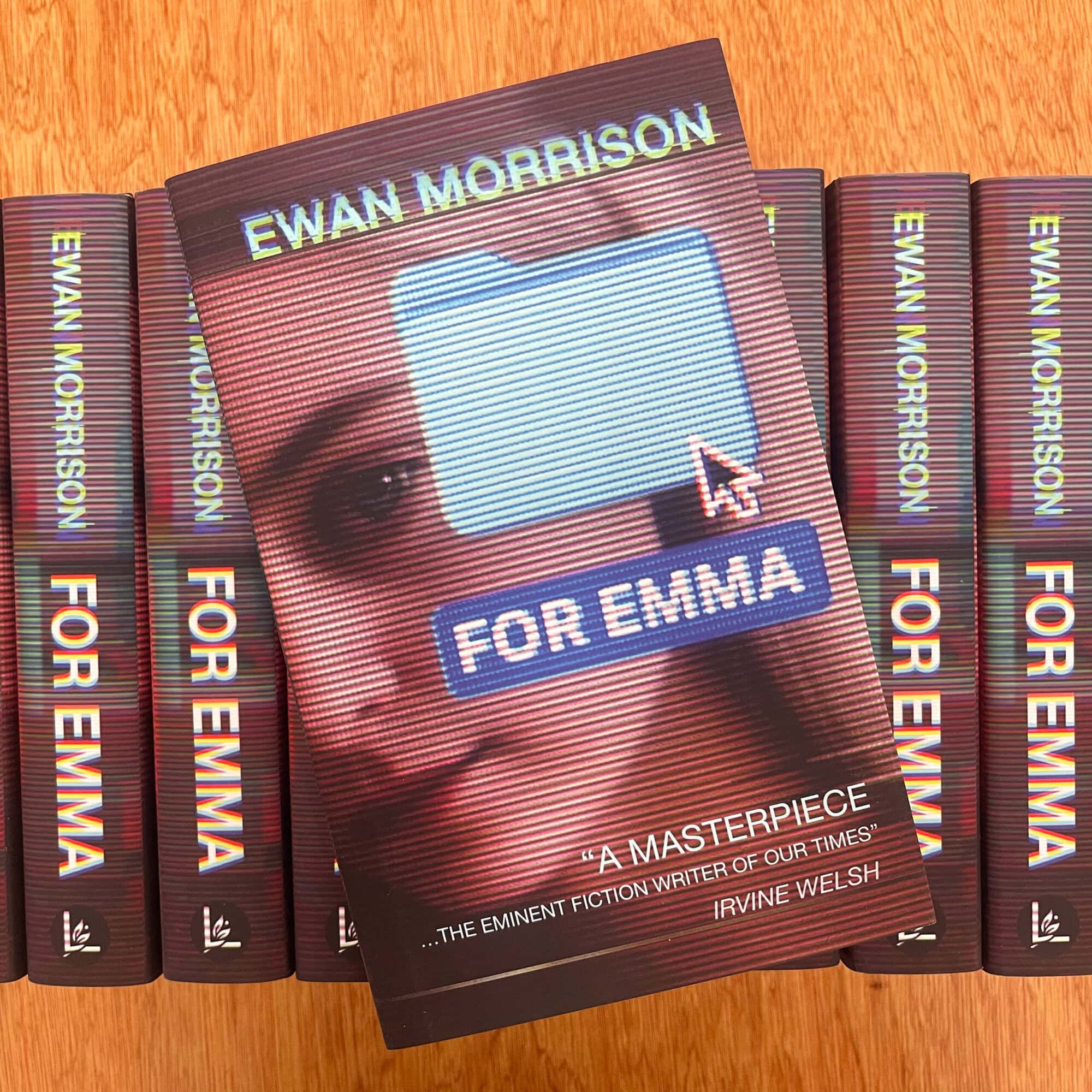 Book cover of 'For Emma' by Ewan Morrison featuring a close-up of a woman's face with a computer cursor overlay.
