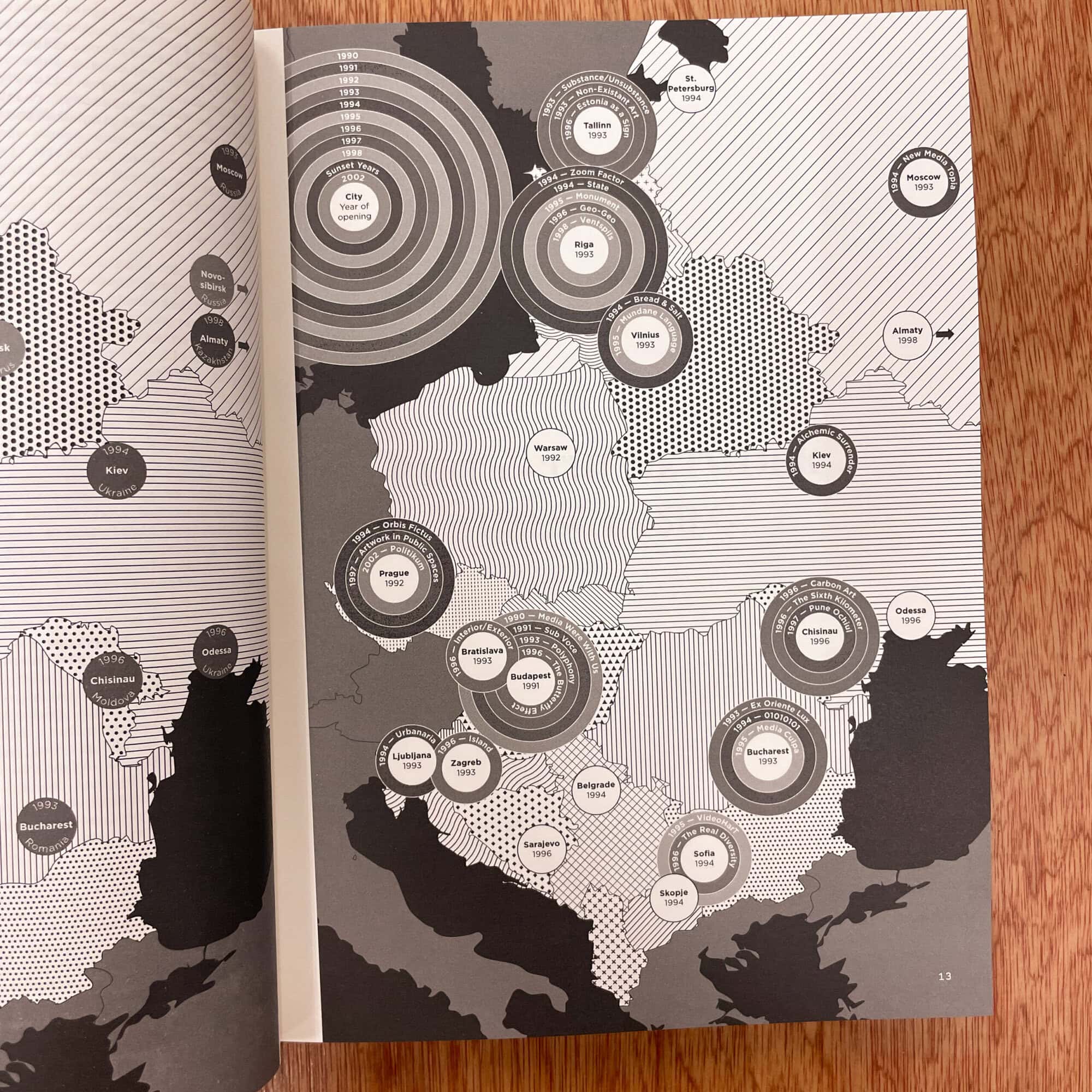 A black and white map of Europe showing various cities and regions with concentric circles and dotted patterns, highlighting cultural and political zones.