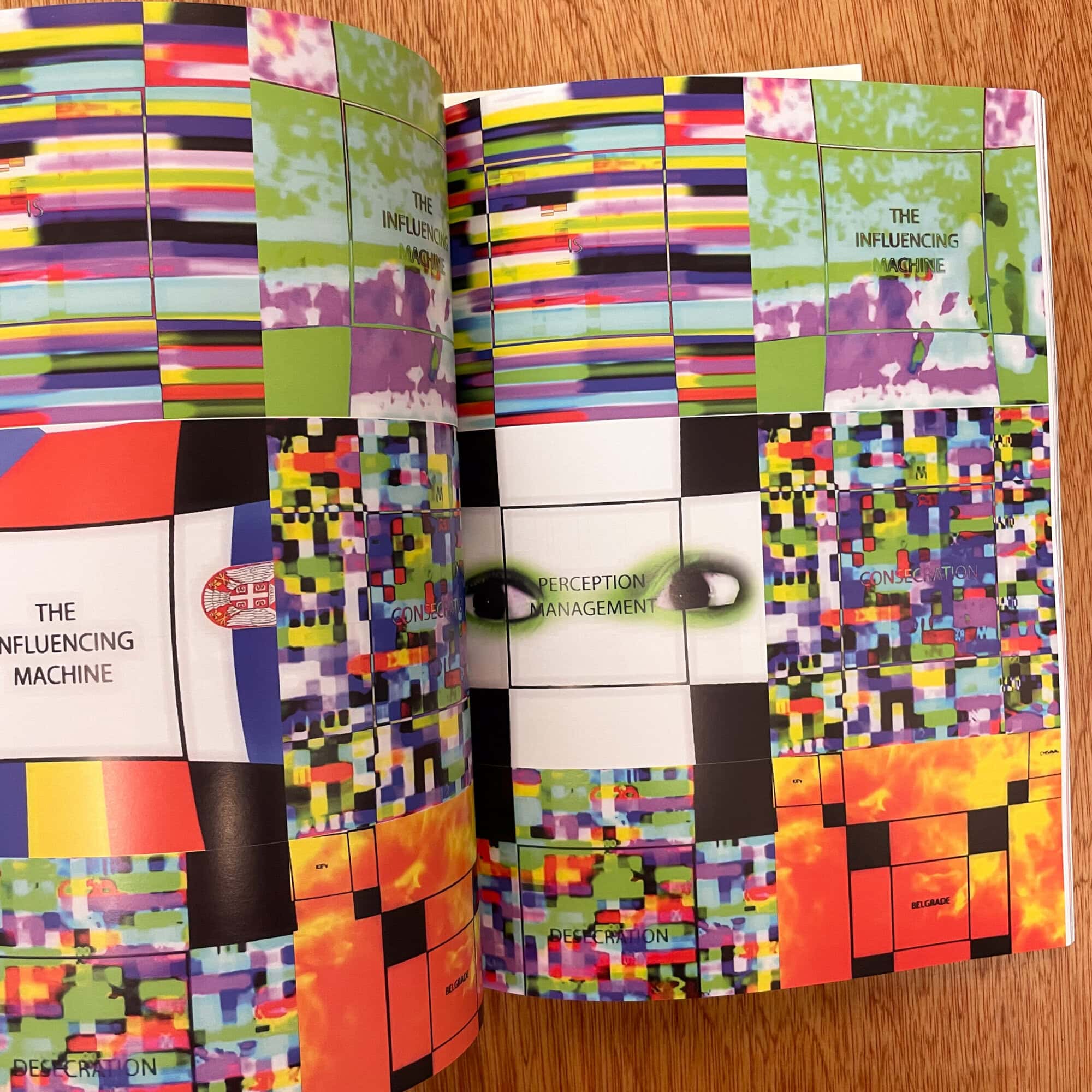 Colorful abstract artwork illustrating perception, management, and description themes with pixelated and geometric patterns.