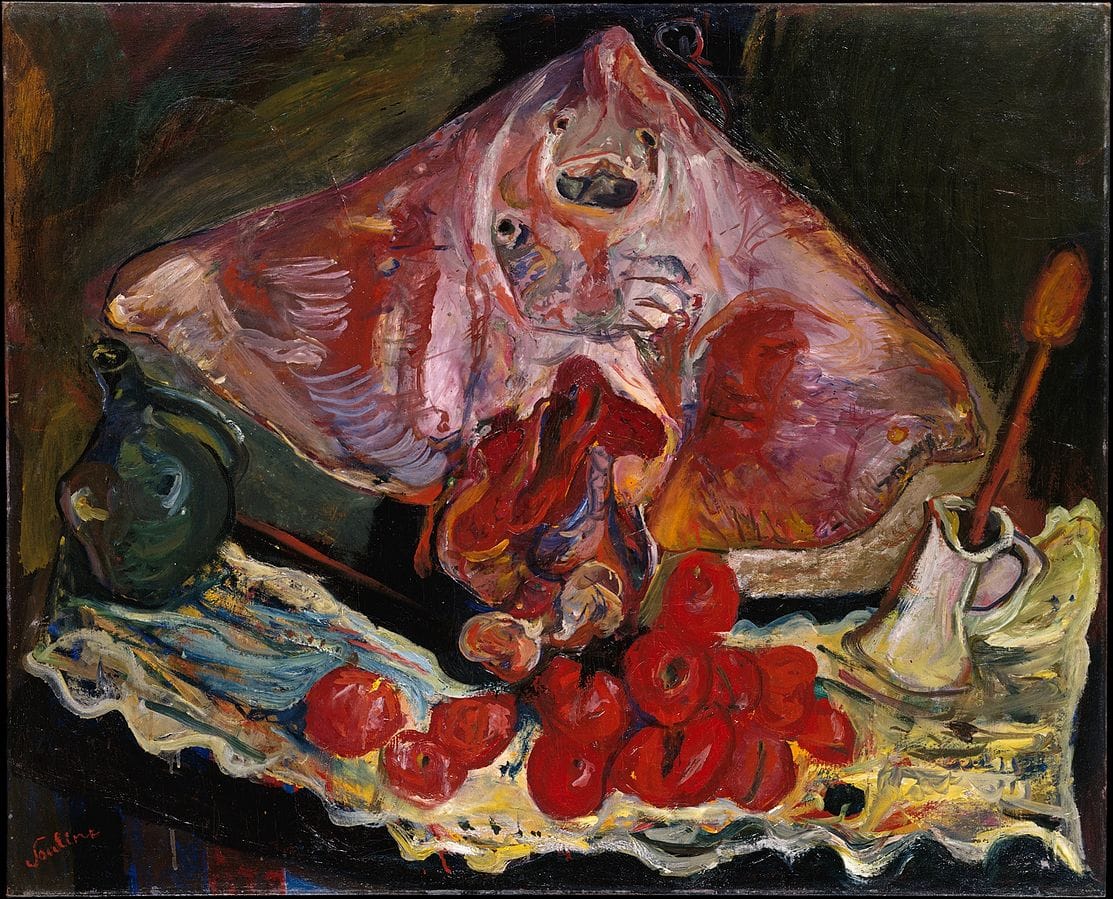 Succulent raw meat platter with cherry tomatoes and kitchen utensils, vibrant oil painting, still life composition, rich colour palette, inspired by classical culinary art, perfect for foodie and chef websites.