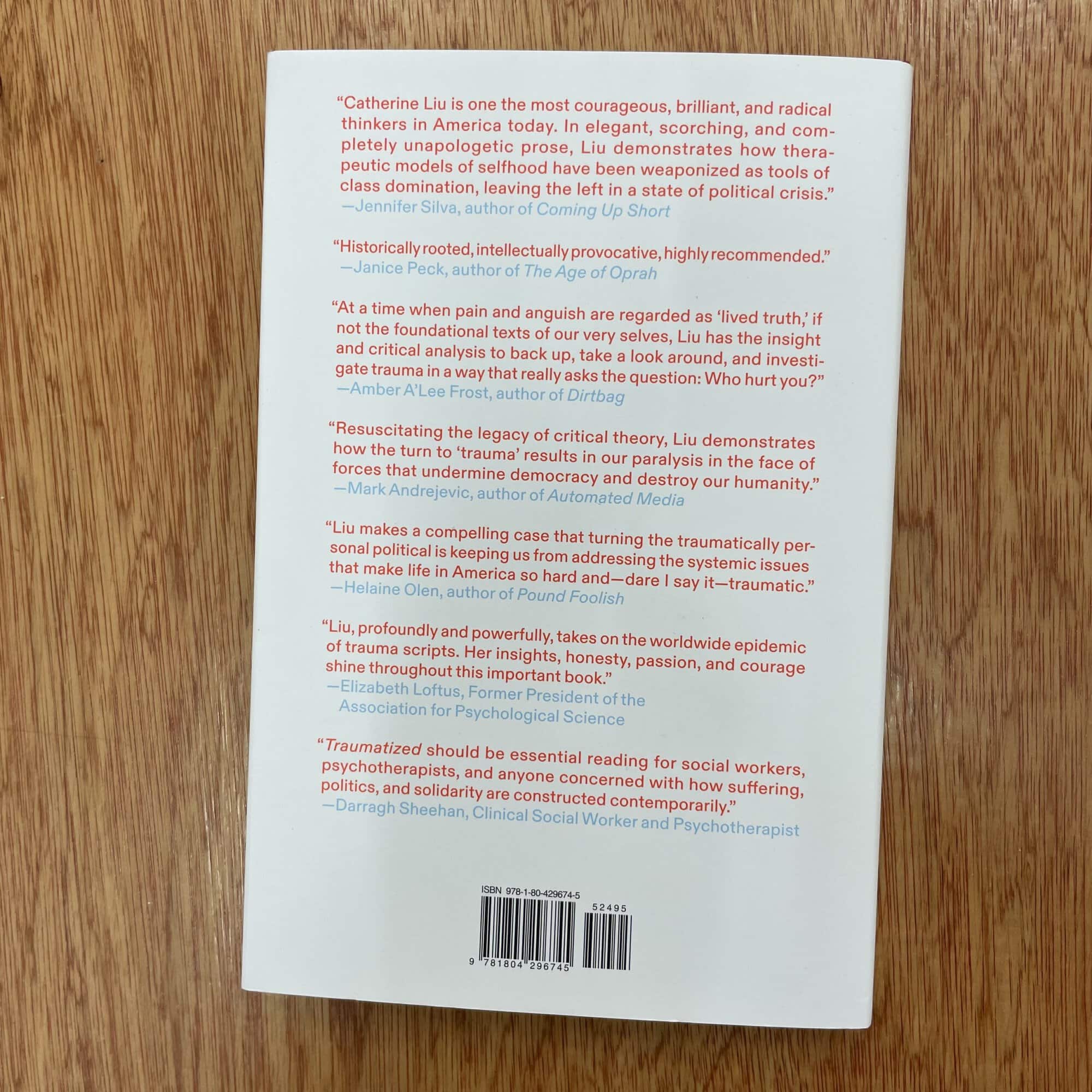 Back cover of 'Traumatized: The New Politics of Public Suffering' with quotes from various thinkers.