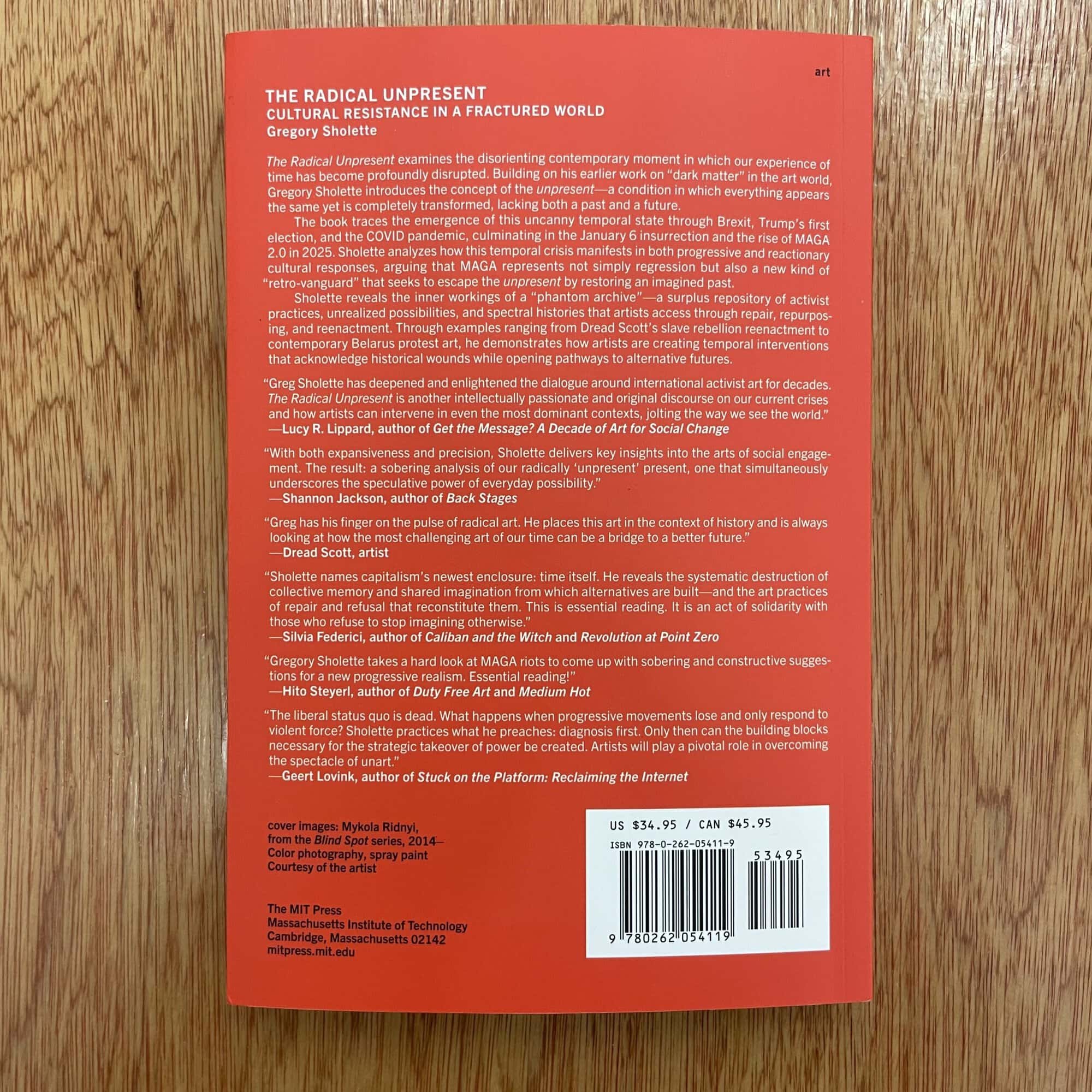 Red book cover titled 'The Radical Unpresent' with white and black text, featuring a minimalist design.