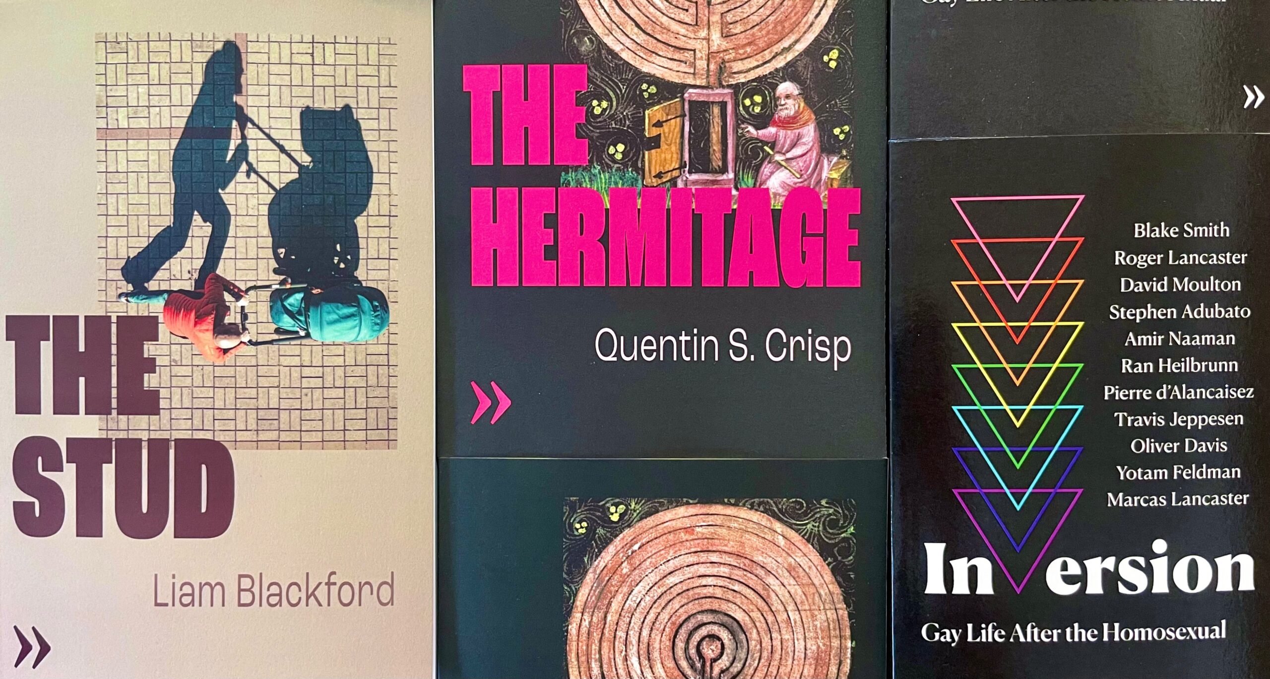 Collection of book covers including 'The Hermitage' by Quentin S. Crisp and 'Inversion' by Gay Lice After the Homosexual, showcasing diverse cultural publications.