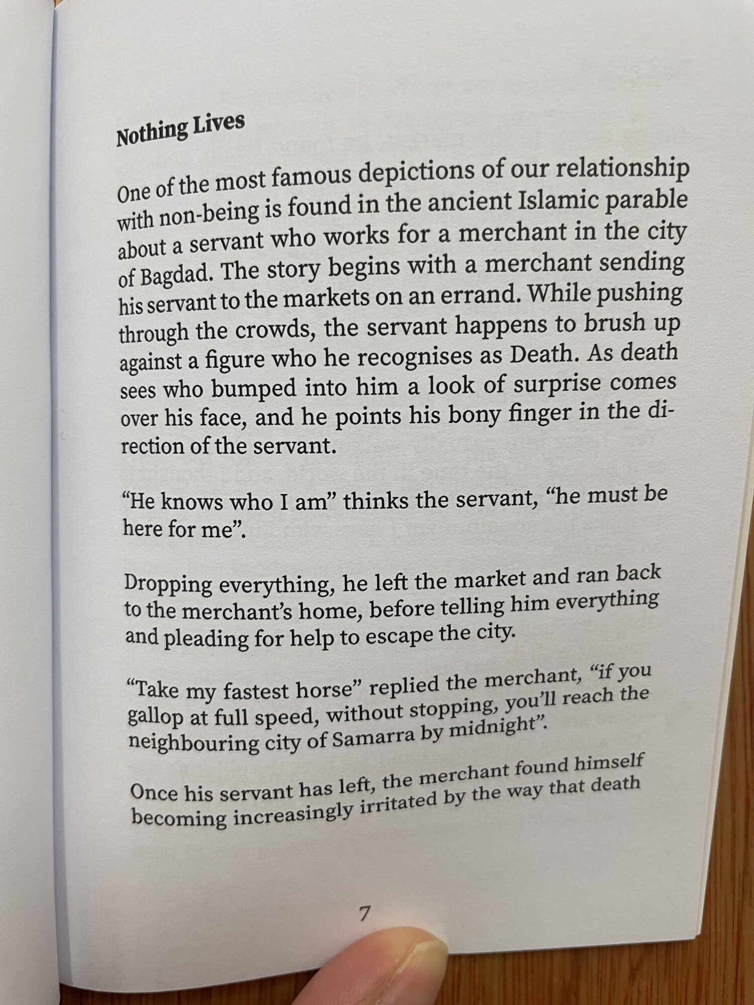 Page from a book titled 'Nothing Lives' discussing a story set in Baghdad involving a merchant and servant.