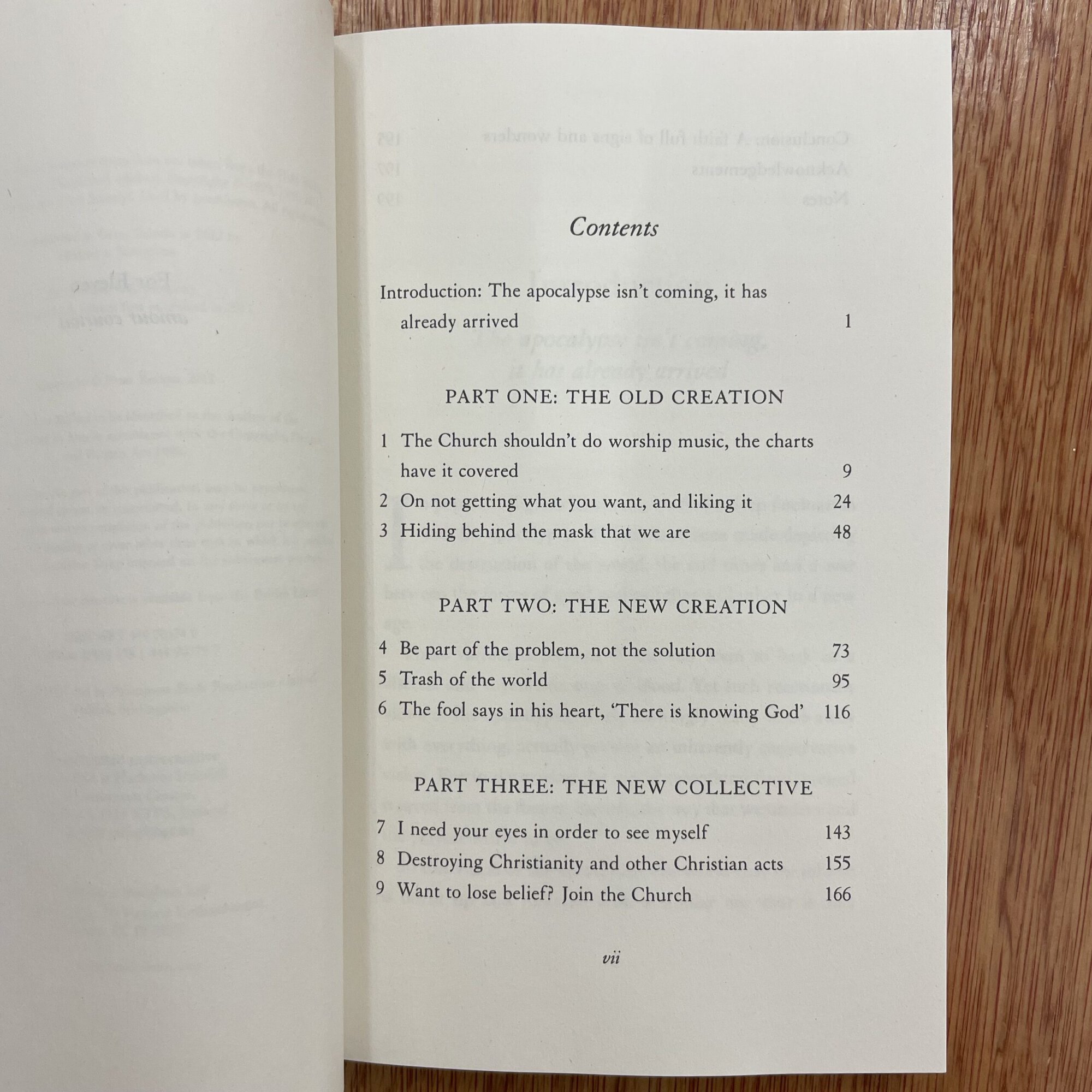 Open book showing table of contents with sections on old and new creation, and the church's role in culture.