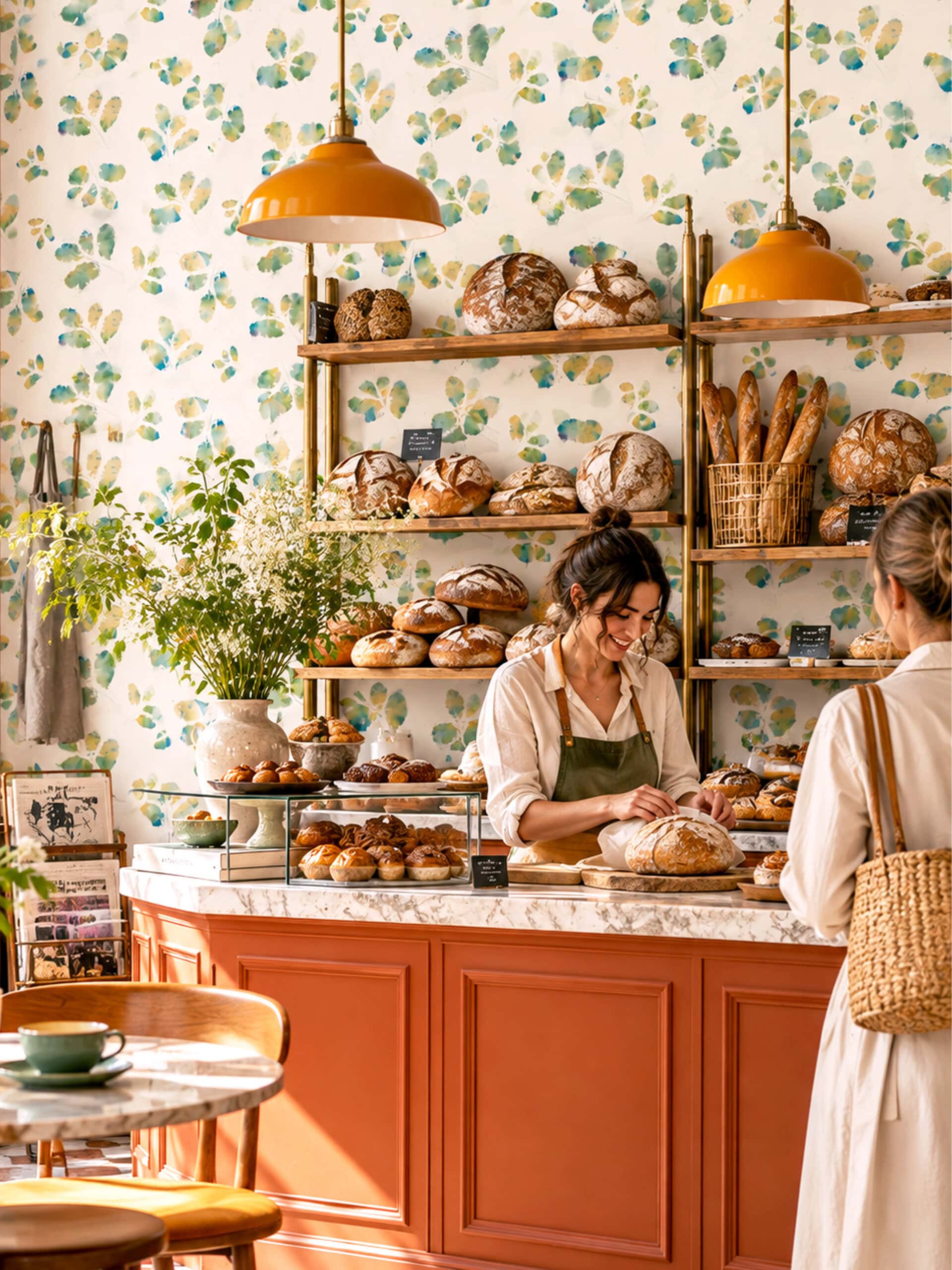 Large-scale watercolour leaf wallpaper behind a bakery counter with bread shelves and mustard pendant lamps