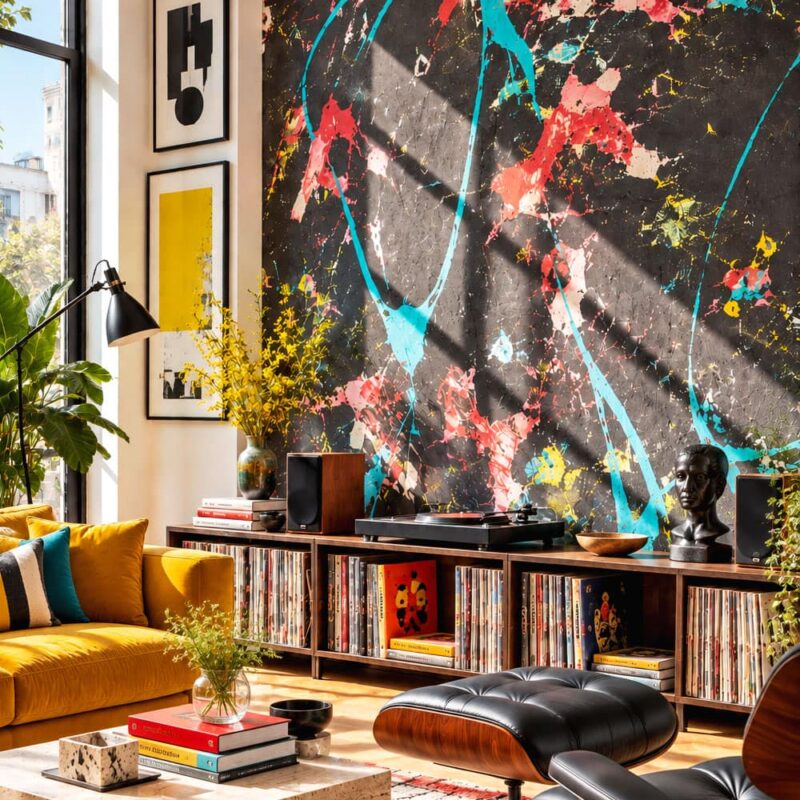 Modern dark accent wall featuring a vibrant abstract paint splatter wallpaper with turquoise, red, and yellow splashes in a stylish living room.