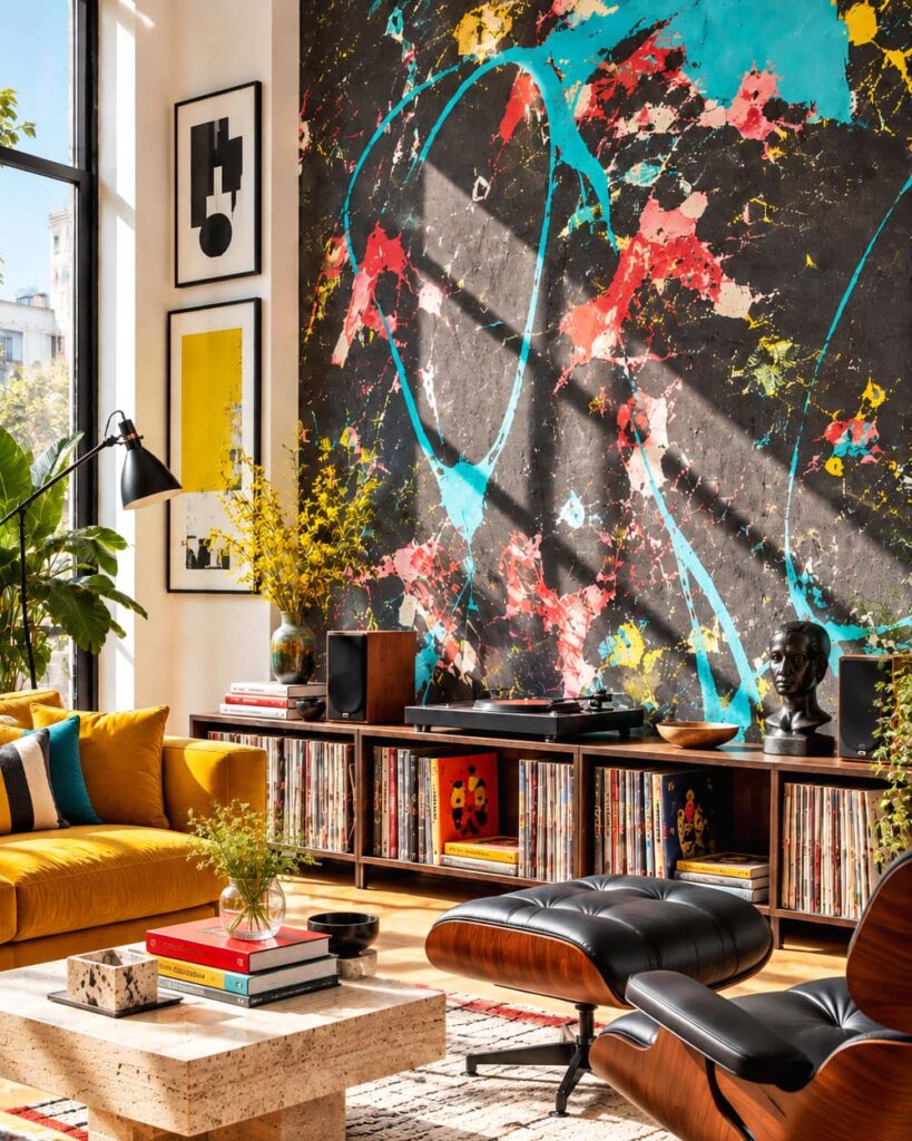Modern dark accent wall featuring a vibrant abstract paint splatter wallpaper with turquoise, red, and yellow splashes in a stylish living room.