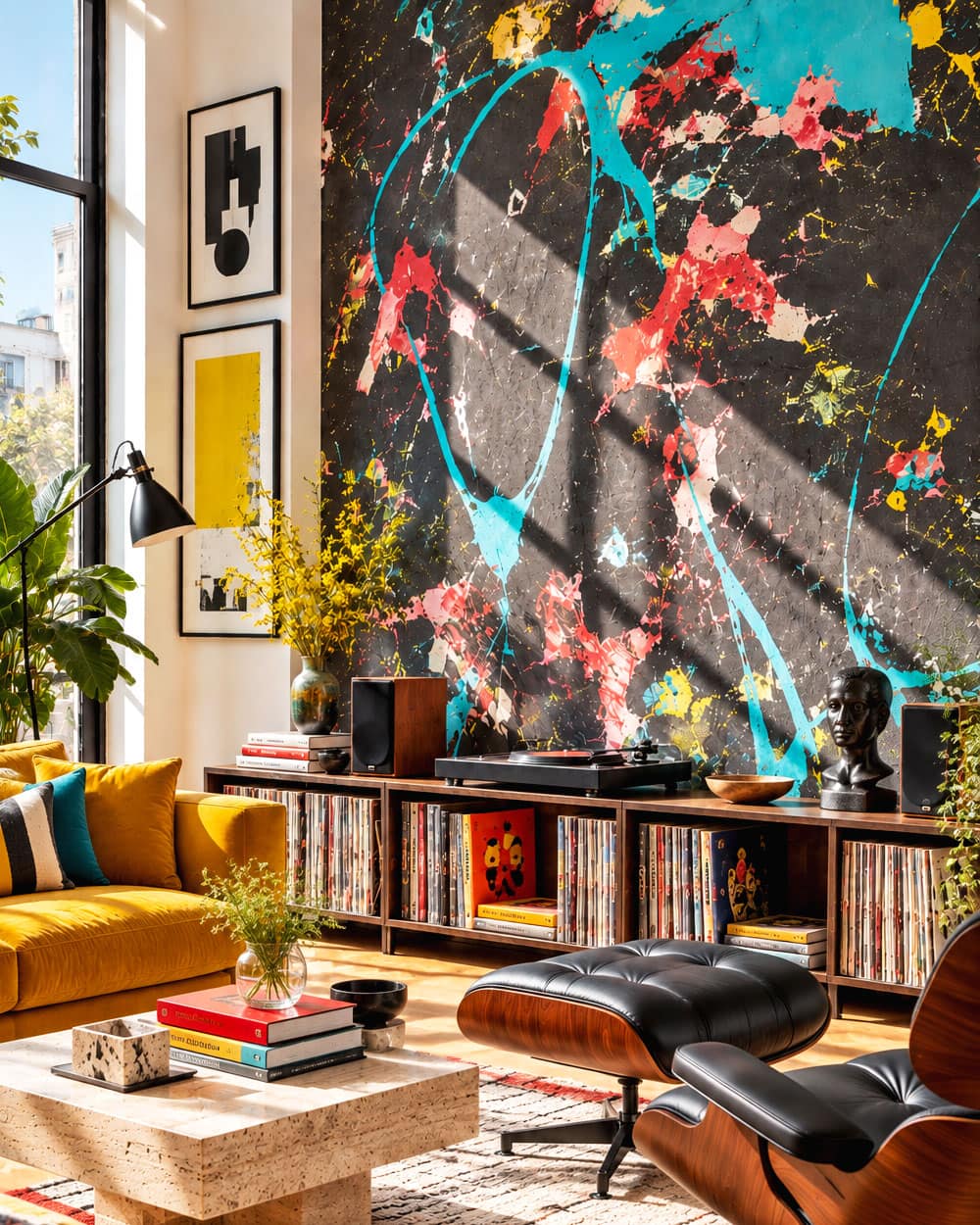 Modern dark accent wall featuring a vibrant abstract paint splatter wallpaper with turquoise, red, and yellow splashes in a stylish living room.