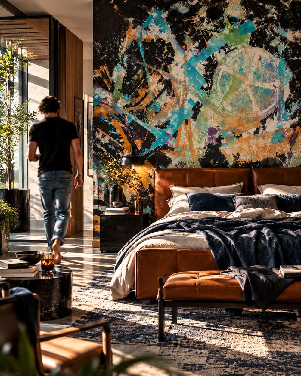 Dark wallpaper for a masculine bedroom