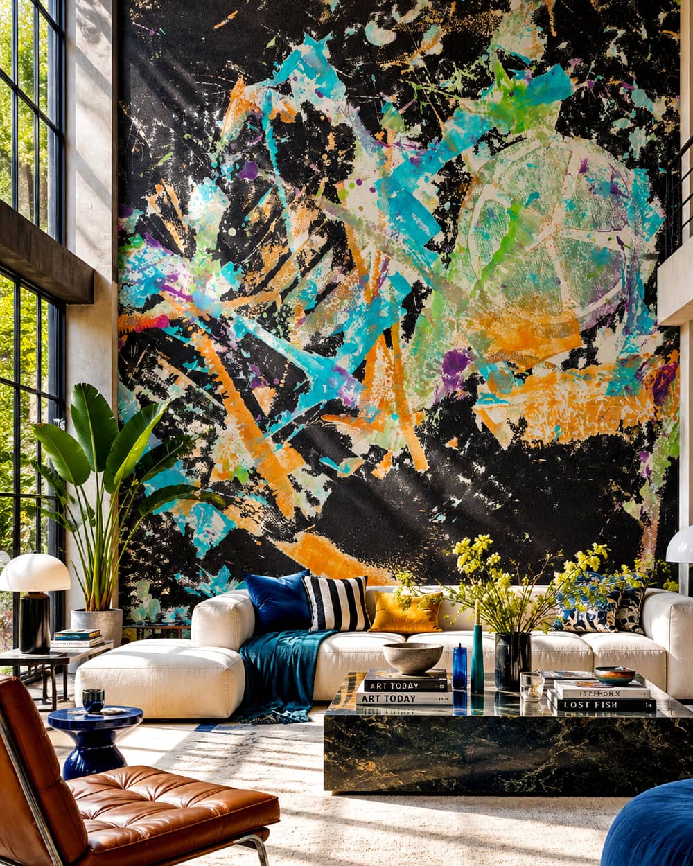 allpaper for a double height living room