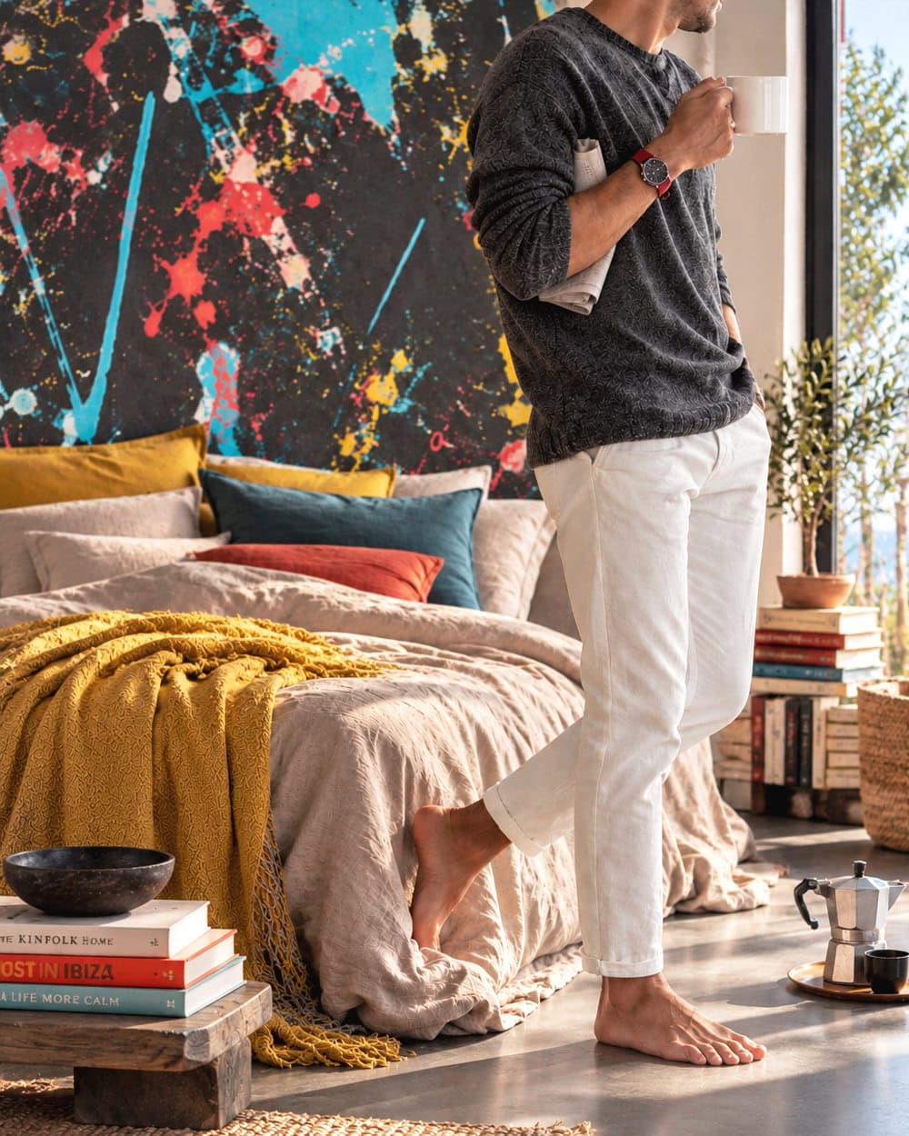 Black abstract wallpaper with turquoise and red splatter pattern behind a bed in a sunlit bedroom