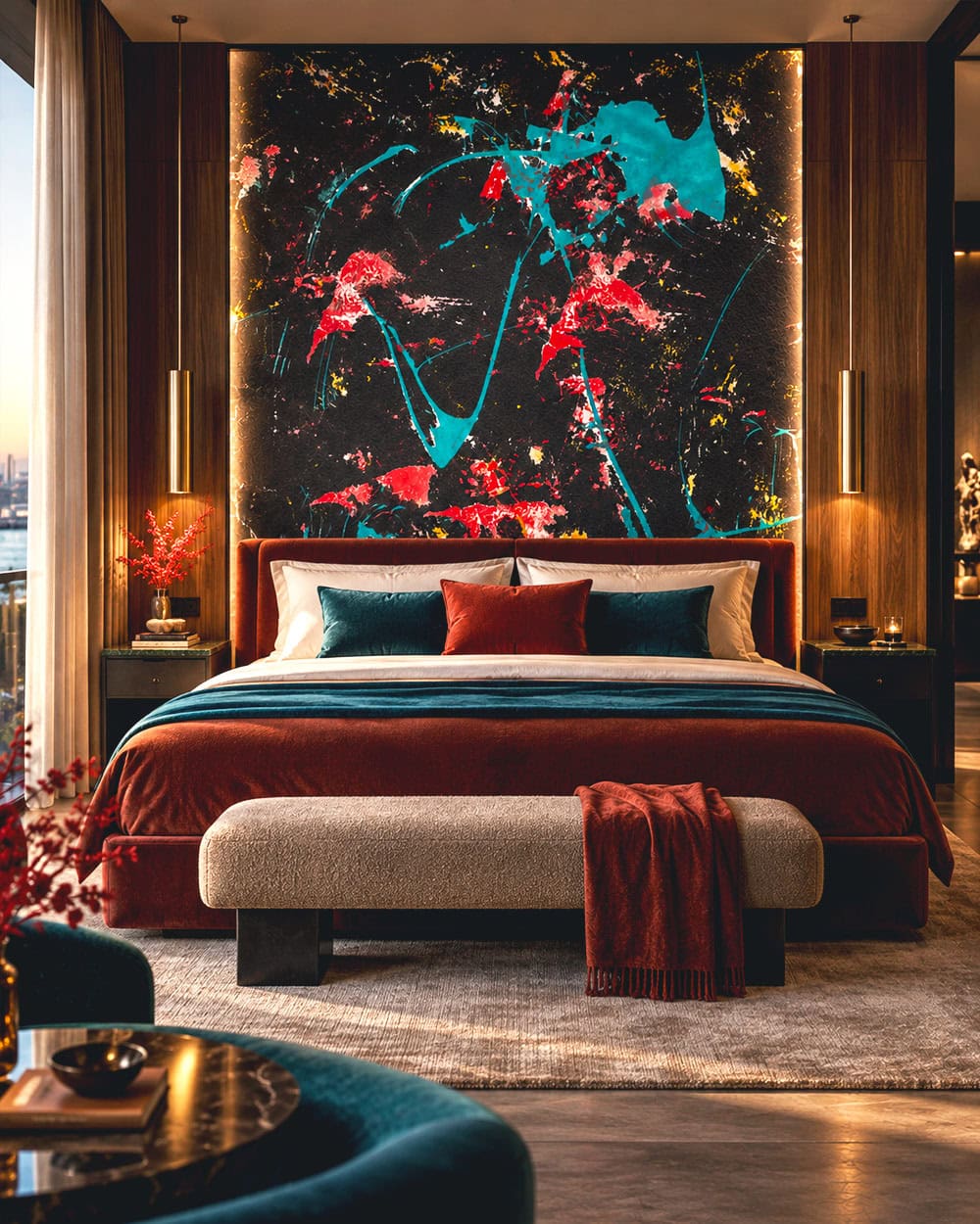 Backlit black abstract wall mural with turquoise and red detail above a luxury bedroom headboard