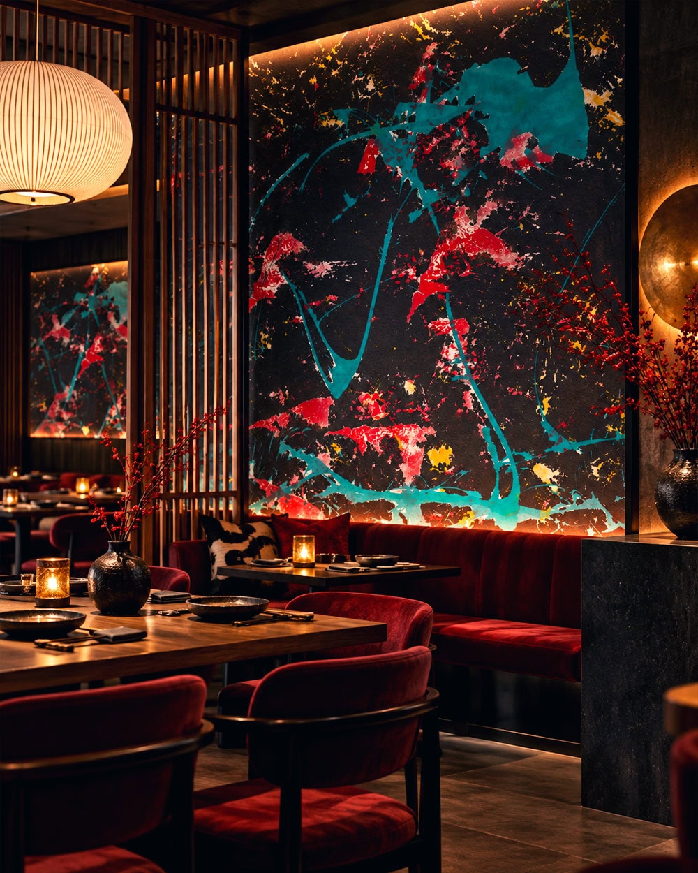 Black abstract wallpaper with turquoise and red splatter pattern in a moody restaurant interior