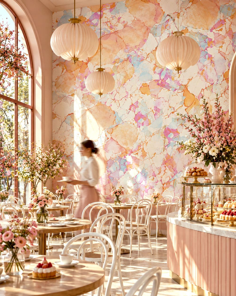 Floral romantic wallpaper for a modern cafe