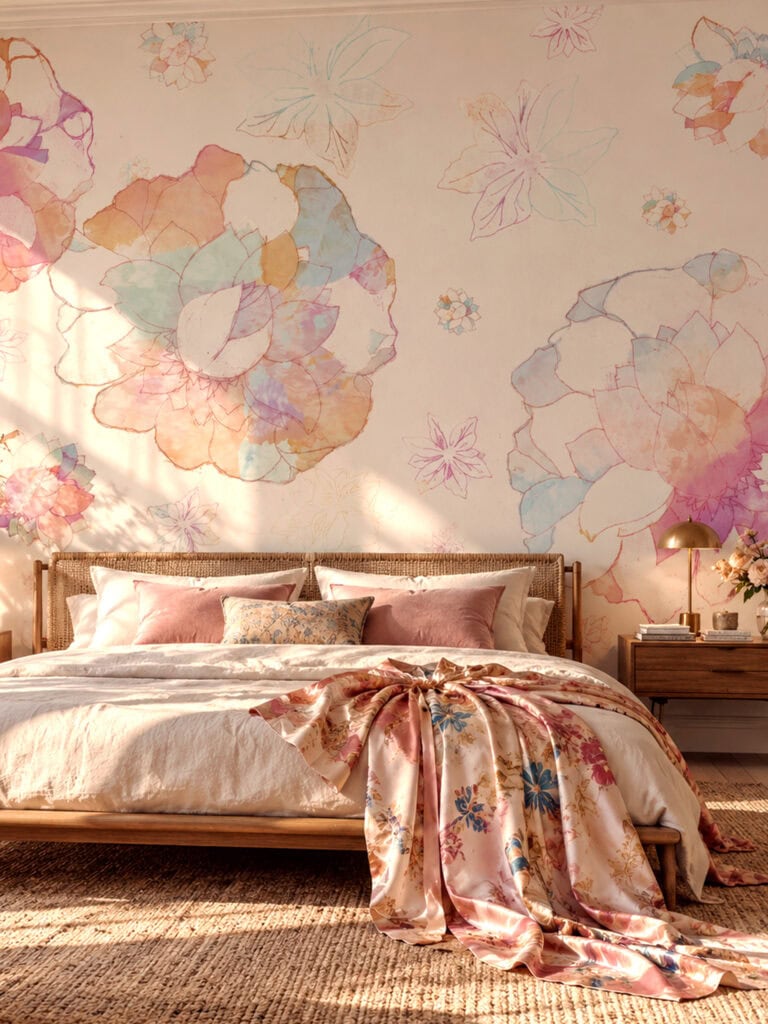 Pastel lotus wallpaper mural with pink, peach and mint watercolour blooms in a sunlit bedroom