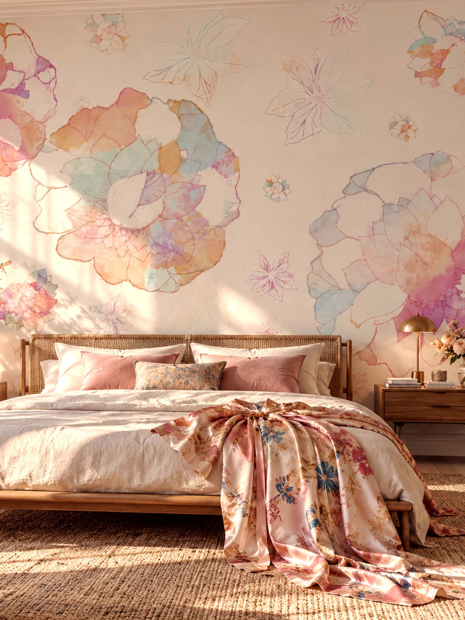 Pastel lotus wallpaper mural with pink, peach and mint watercolour blooms in a sunlit bedroom