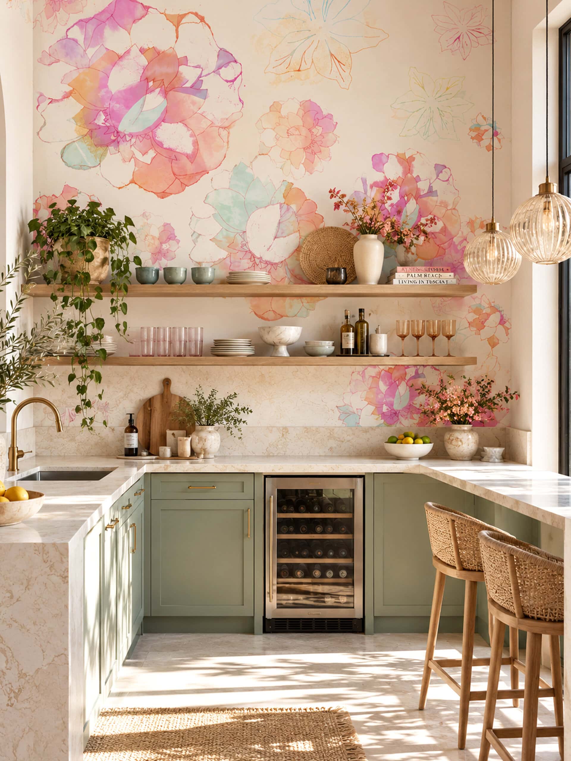 Pastel lotus wallpaper mural in a kitchen with sage green cabinets, oak shelves and marble worktops