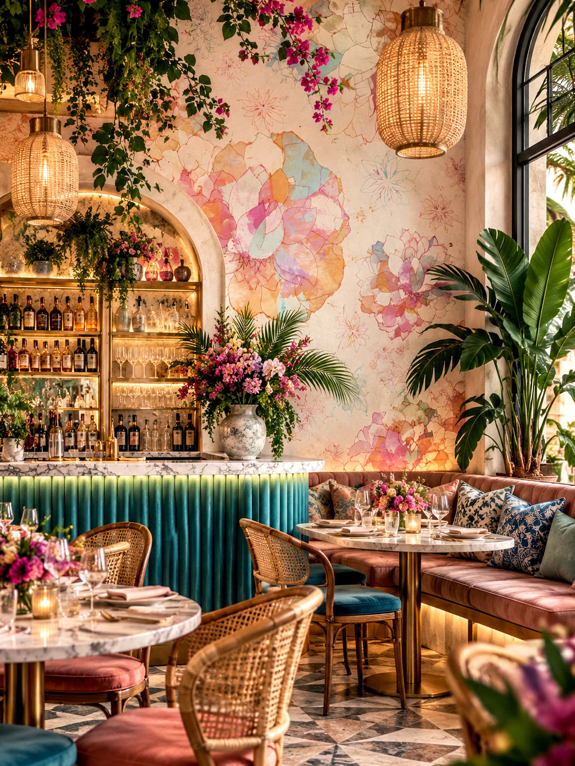 Pastel lotus wallpaper mural in a restaurant with rattan chairs, a teal velvet bar and bougainvillea