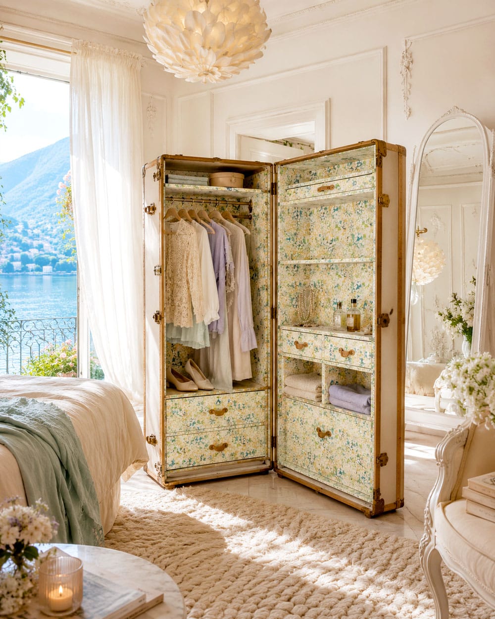 Yellow floral wallpaper inside a vintage wardrobe