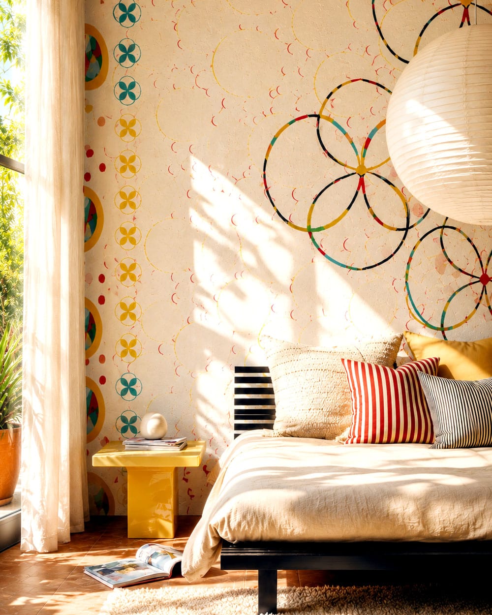Playful wallpaper for a colorful bedroom