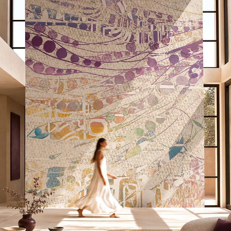Maximalist Wallpaper with large-scale abstract pattern in a light-filled contemporary hotel lobby