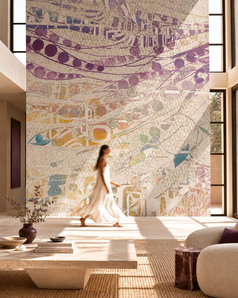 Maximalist Wallpaper with large-scale abstract pattern in a light-filled contemporary hotel lobby