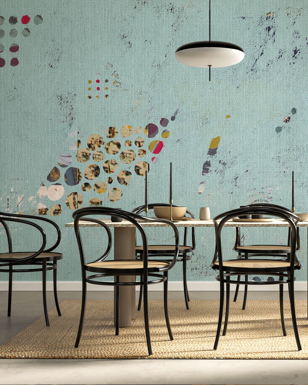 Teal Mid-Century Wallpaper with abstract collage details in a modern dining room