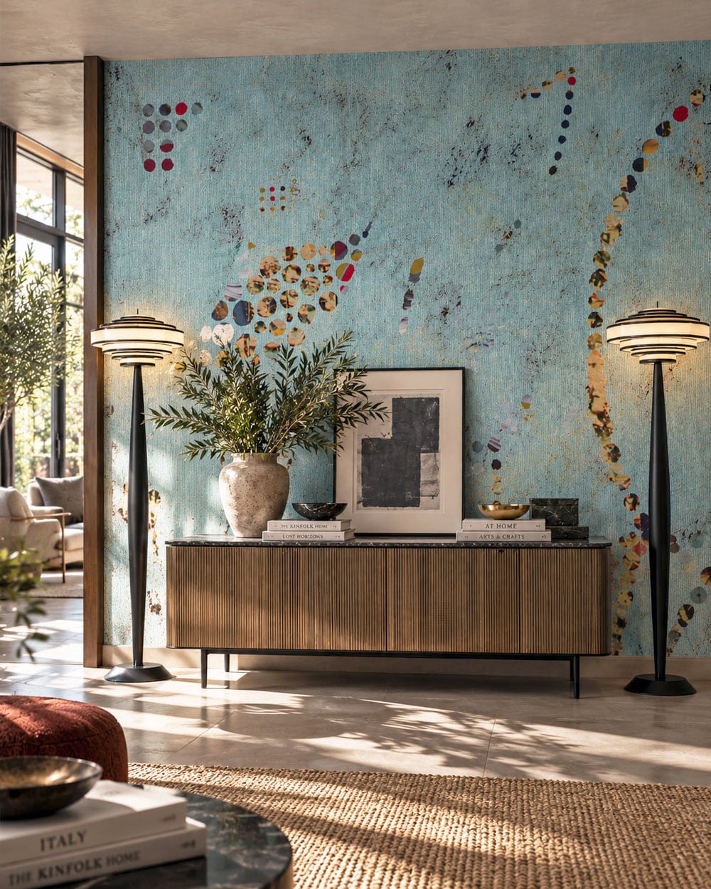 Teal Mid-Century Wallpaper with abstract collage details in a warm contemporary living room