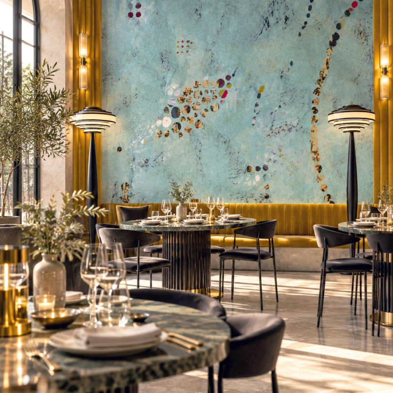 Teal Mid-Century Wallpaper with abstract collage details in an elegant modern restaurant interior