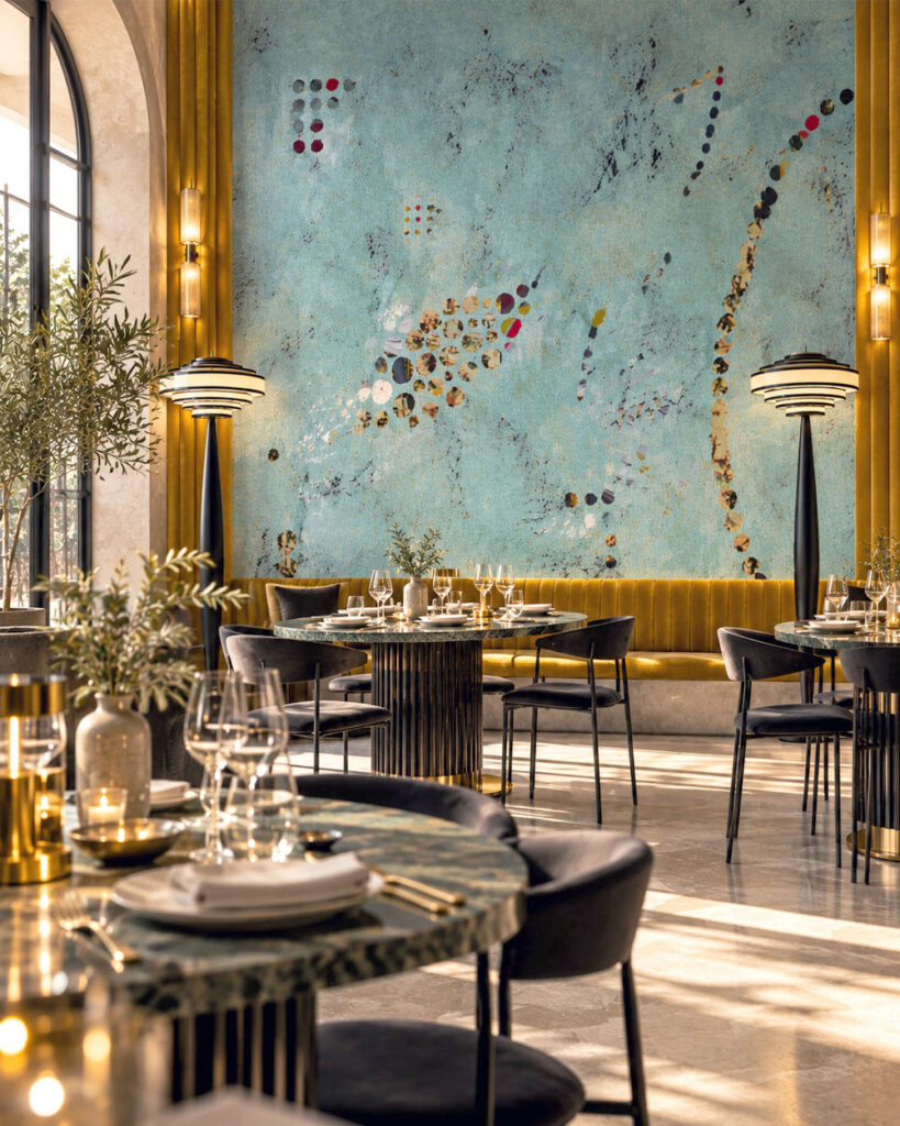 Teal Mid-Century Wallpaper with abstract collage details in an elegant modern restaurant interior