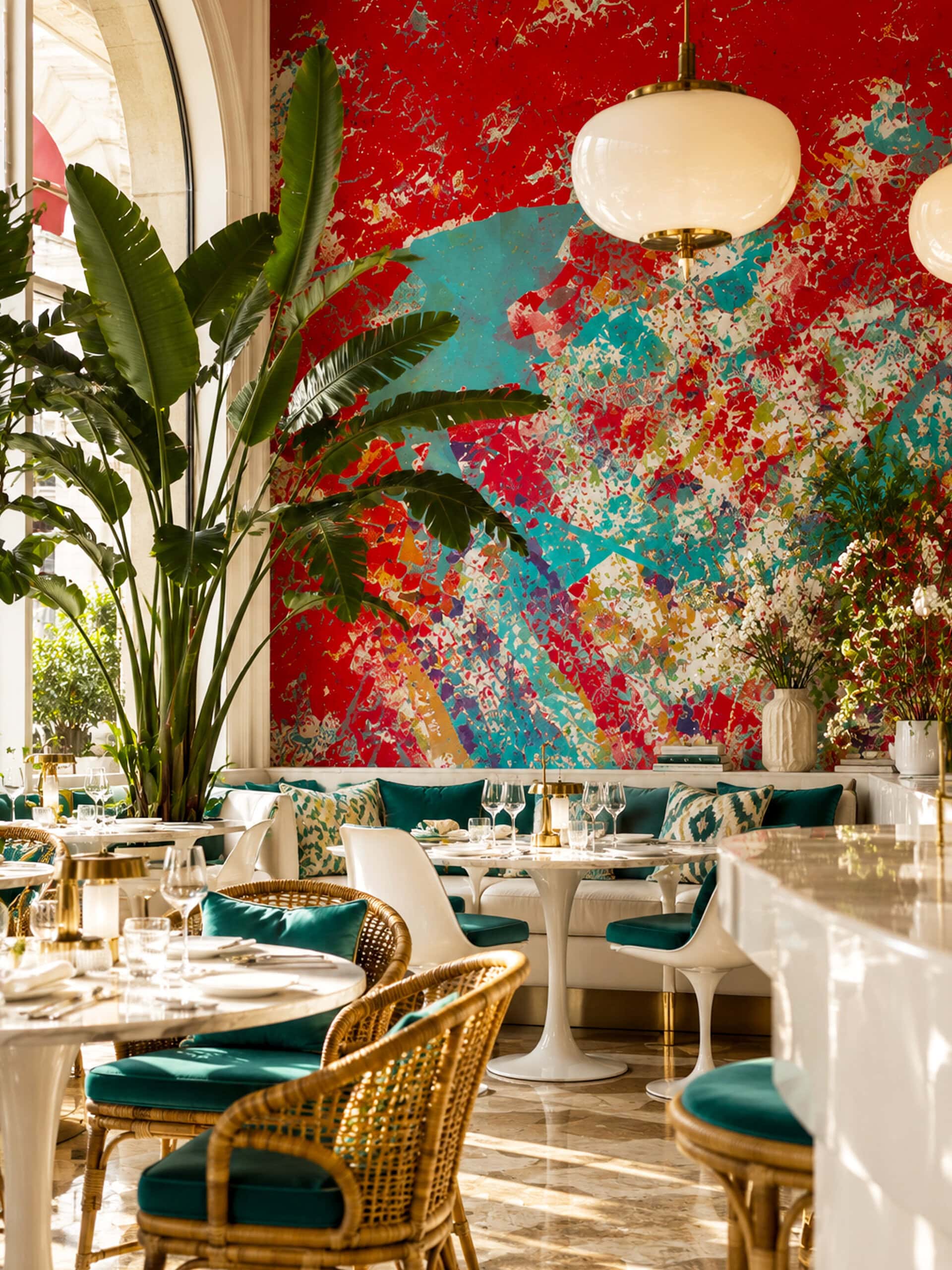 Red abstract wallpaper mural in a restaurant with rattan chairs, teal velvet cushions and white pedestal tables