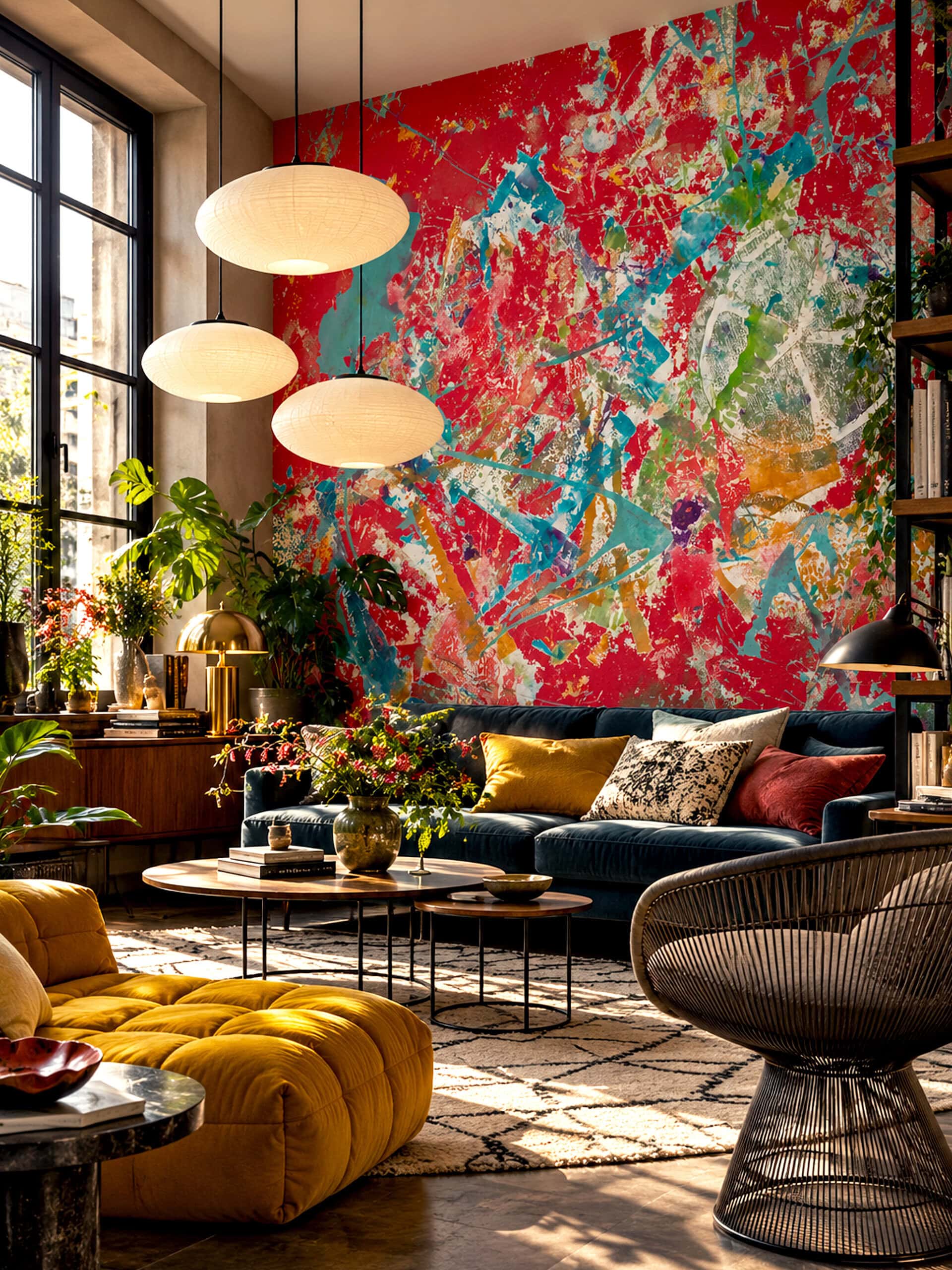 Red abstract wallpaper mural in a loft living room with a navy sofa and paper lantern lights