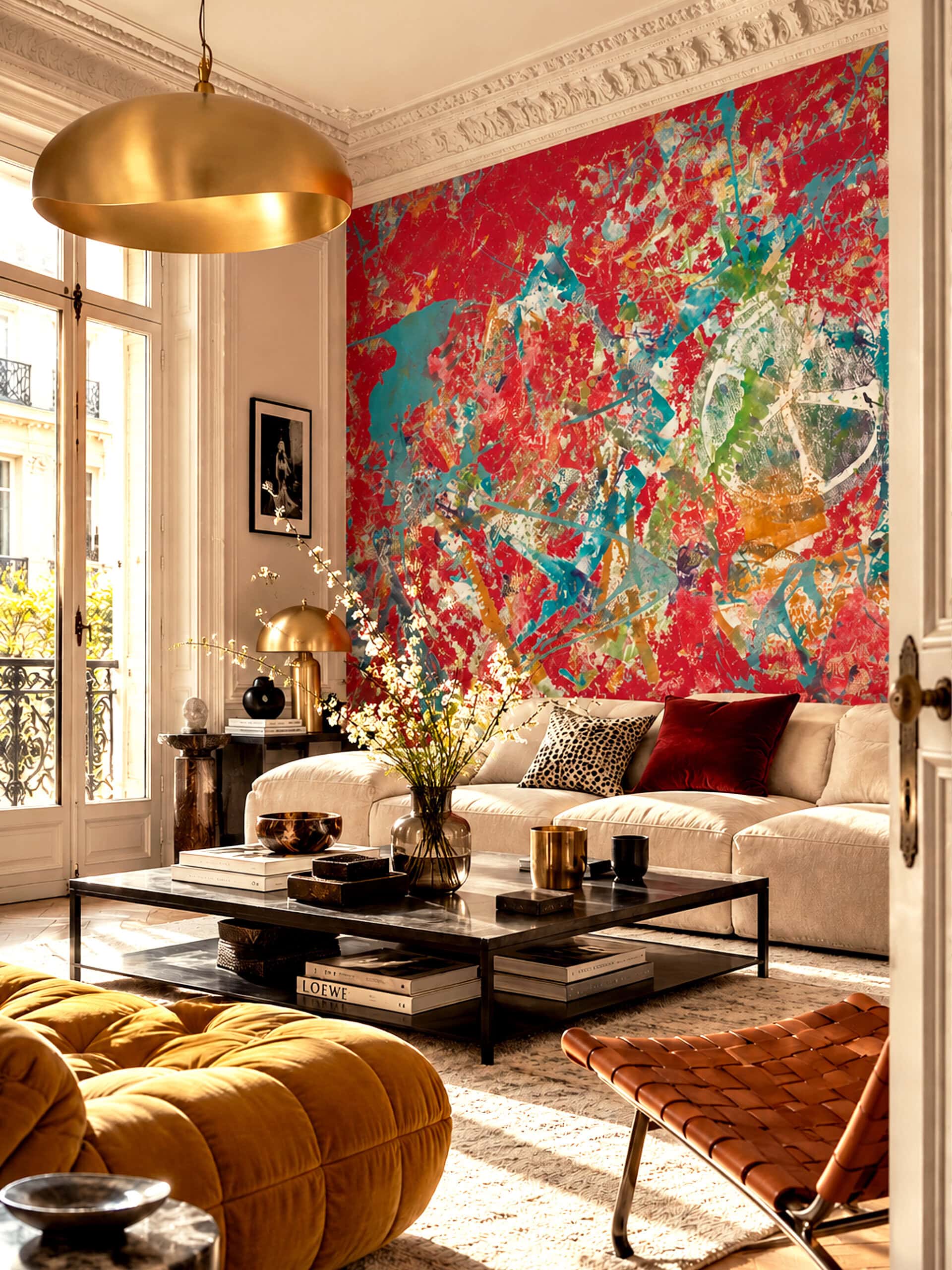 Vesper Royale red abstract wallpaper mural in a Parisian living room with a cream sofa and a brass pendant light