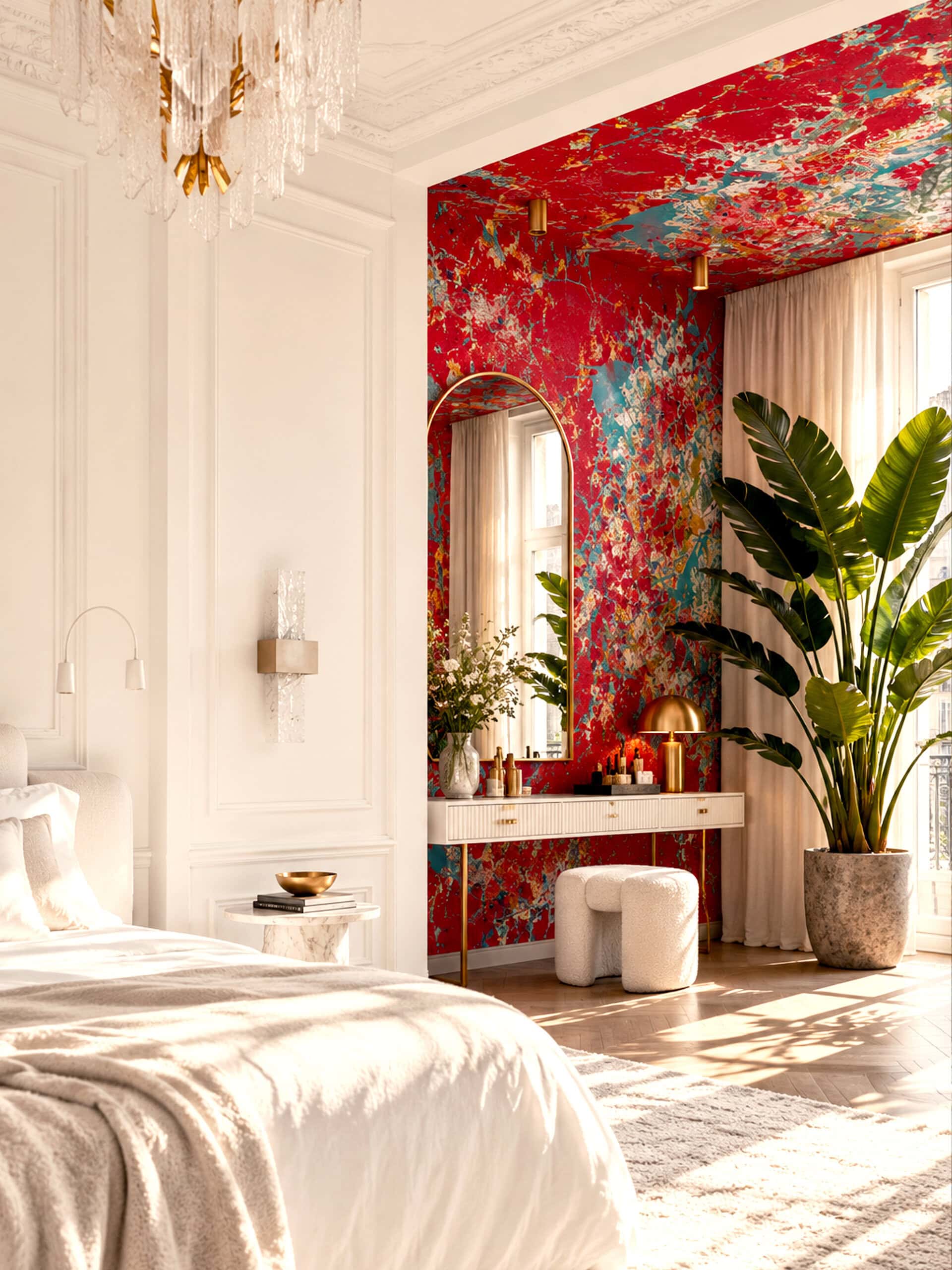 Red abstract wallpaper lining the walls and ceiling of a bedroom alcove with a white vanity and arched mirror