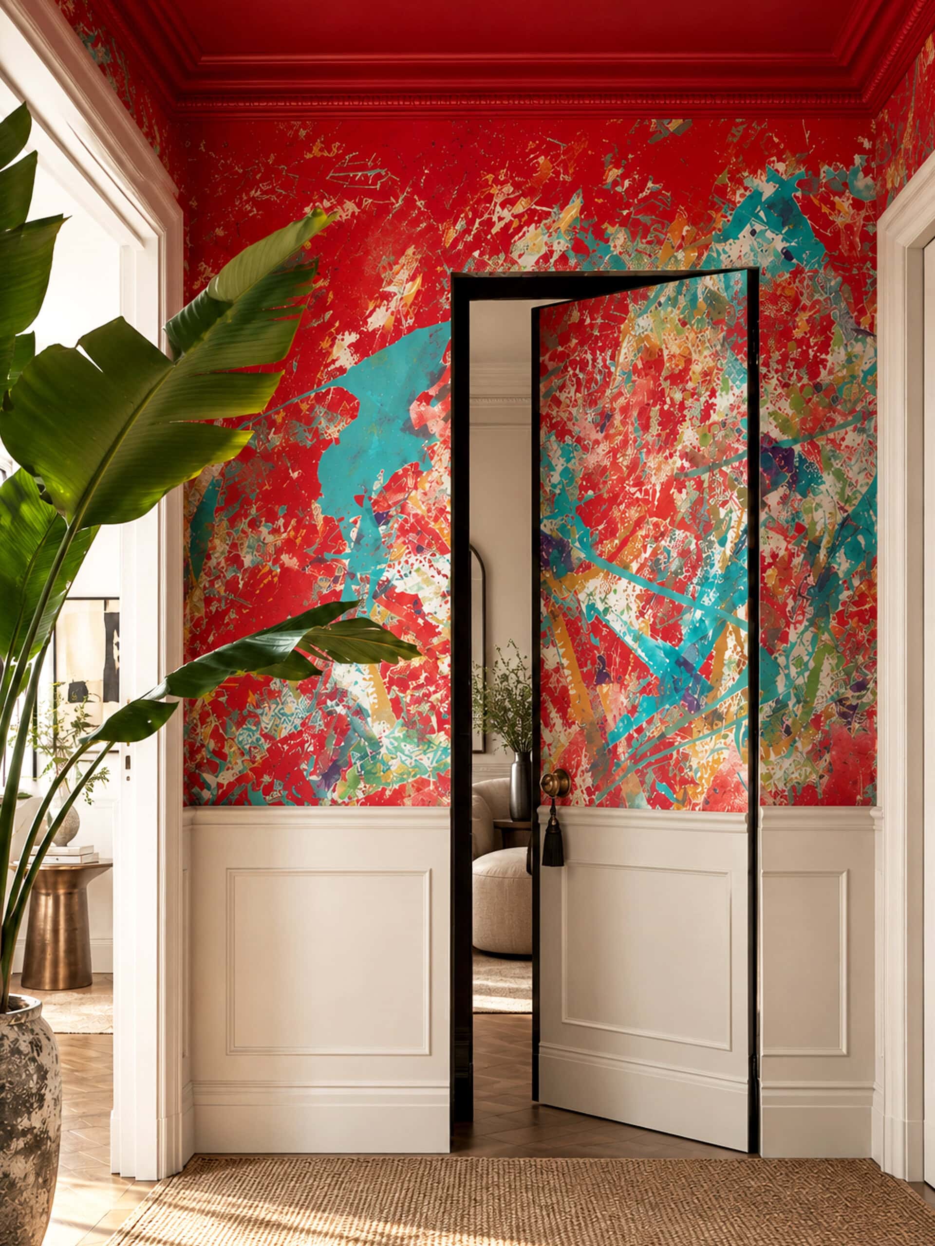 Red abstract wallpaper in a hallway above white wainscoting, continued across a concealed door