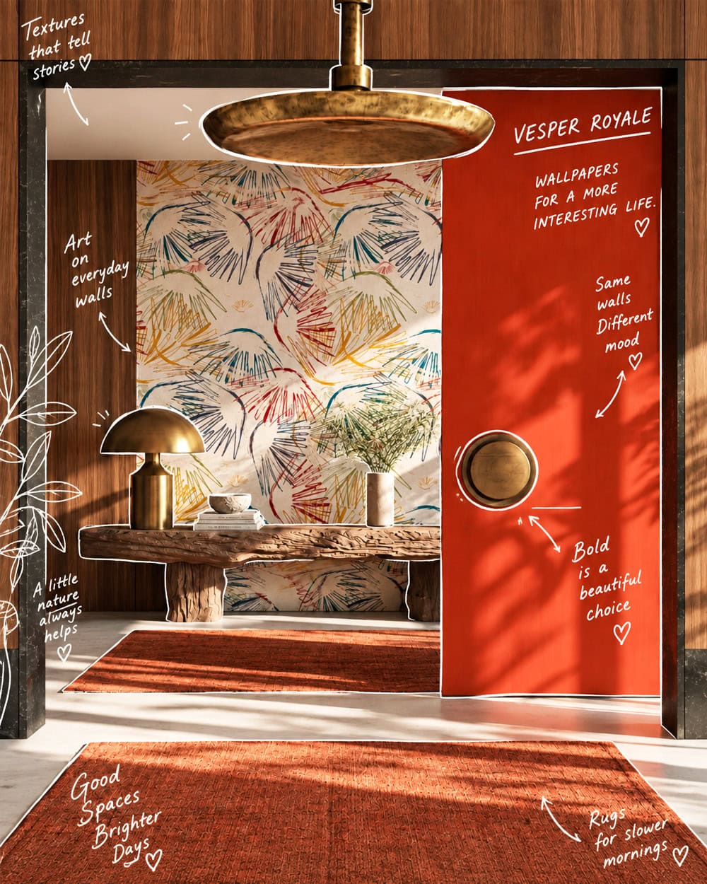 Red palm wallpaper by Vesper Royale in a bold interior